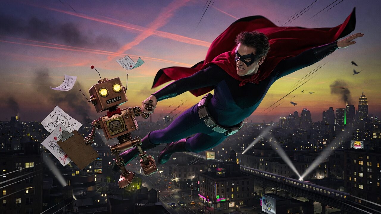 The Fantastic Winged Avenger and brass robot CLIP-3 soar hand-in-hand above neon streets and an elevated train, loose forms and a villain sketch tumbling from the robot's clipboard.