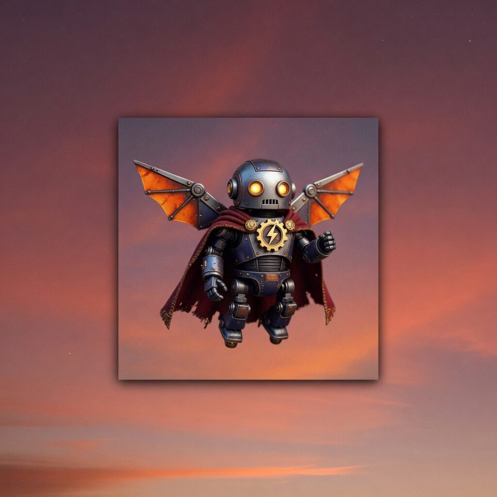 A small brass-and-navy robot with glowing amber eyes, mechanical bat wings, a maroon cape, and a gold gear-and-lightning badge, hovering against a sunset sky.
